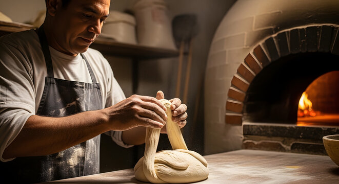 A skilled male baker in an apron working with fresh bread dough on a wooden table in front of a glowing fire inside a rustic stone oven