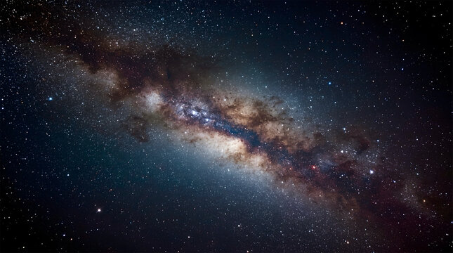vast expanse of our observable galaxy, the Milky Way, stretching across a star-filled night sky. The galactic core glows with a warm golden radiance at the center, while spiral arms extend outward 