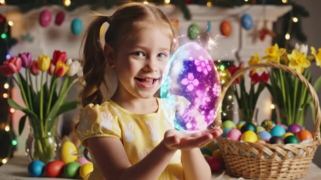 Caucasian Girl Holds Holography Easter Egg Above Palm, Decorated Easter Table With Wicker Basket, Tulips And Daffodils, Pastel Eggs And Twinkling Lights, Joyful Smile, Playful Spring Celebration Mood.