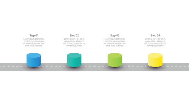Roadmap Infographic With Four Colorful Cylinder Steps On Highway Road