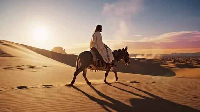 Desert Sunrise Semitic Man Rides Donkey, Solitary Biblical Pilgrim Crossing Golden Sand Dunes, Flowing White Robe Catching Warm Backlight, Long Shadow Stretching Across Rippled Sand, Distant Rock.
