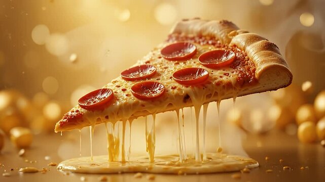 A slice of pizza, featuring with gooey, stretching cheese, floating in the air on a golden background. 