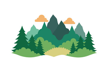 Fototapeta premium A minimalist vector graphic illustration of a mountain landscape with trees and clouds
