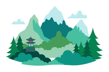 Obraz premium A serene vector illustration of a pagoda in a mountainous landscape with trees and clouds