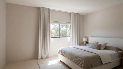 Fototapeta premium Bedroom with a white bed and white curtains. The curtains are open, letting in sunlight. The room is clean and simple, with a neutral color scheme