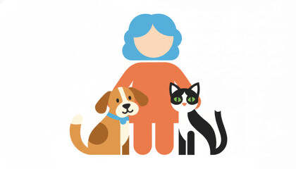 Flat design illustration of a person with a dog and cat. Neutral character icon for pet care, veterinary, or adoption themes