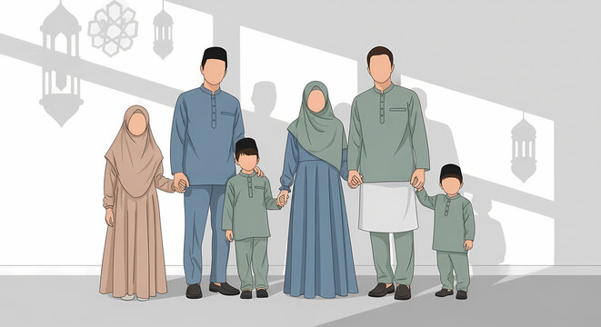 Two Muslim families, each with parents and a child, standing together in traditional attire, celebrating a religious occasion like Eid.