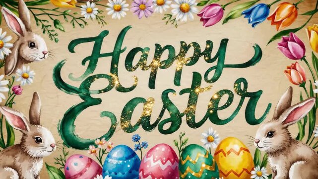 Easter Art Design. Decorative Festive Holiday Illustration. Colorful Handcrafted Easter Greeting With Gold Accents. Vibrant Handpainted Easter Greeting Featuring Gold Highlights And Floral Themes.