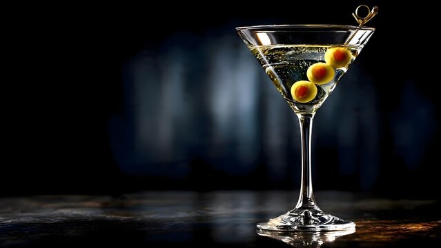 classic dry martini cocktail with olive garnish in elegant glass on dark background