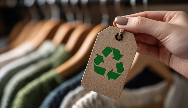 Hand Holding Eco-Friendly Recycling Tag on Sustainable Clothing Rack.