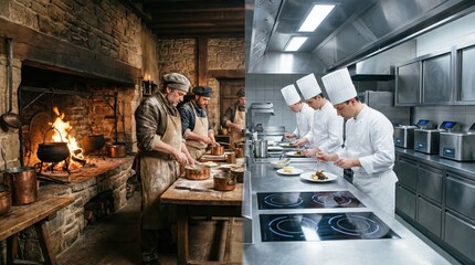 Fototapeta premium Evolution of cooking: from rustic hearths to modern professional kitchens