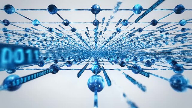 Network of glowing blue spheres and binary code streams vanishing into distance