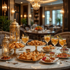 Fototapeta premium Ultra Luxury 5-Star Hotel Iftar Table with Premium Snacks