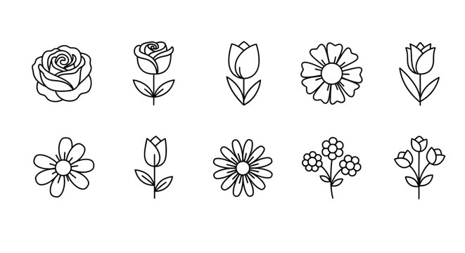 Floral line icon set. Includes rose, tulip, daisy, sunflower, and flower icons. Created in minimalist line style with black and white color palette.