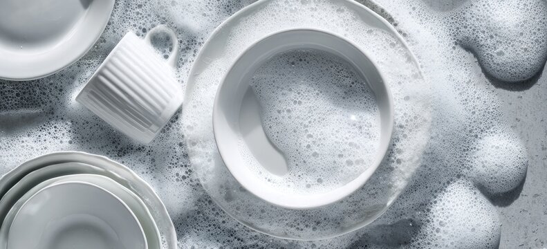 Close-up of clean white dishes and a mug being washed in soapy water with abundant foam.