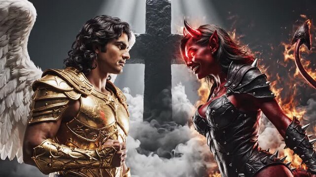 Angel And Demon Face Off Amid Clouds, Male Guardian In Golden Armor With White Wings Confronting Female Demon In Flaming Black Armor And Horned Helm Beside Stone Cross, Smoke And Dramatic Spotlight.