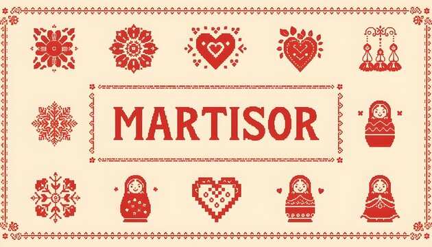 A traditional Martisor design featuring red symbols on a cream background