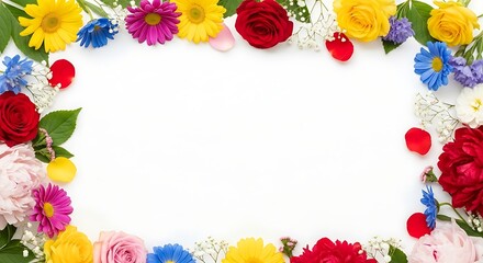 Colorful Flower Border Arrangement on White Background