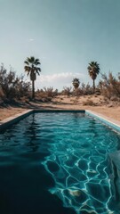 Fototapeta premium Serene desert swimming pool oasis with palm trees. Turquoise water reflects clear blue sky in arid landscape. Tropical relaxation and vacation escape imagery