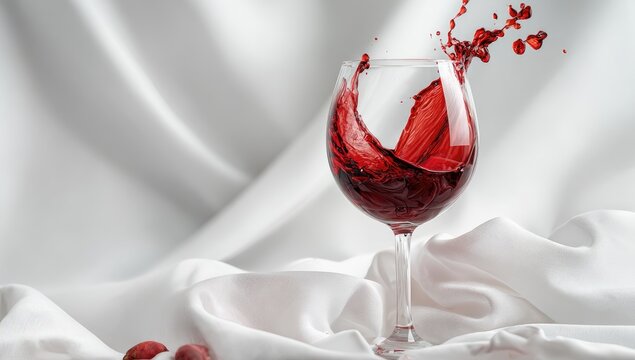 Red Wine Splash in Elegant Glass on Silky White Fabric.