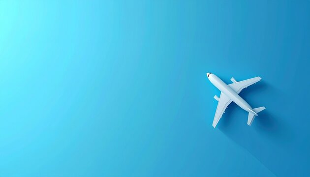 Top view of a white commercial airplane flying on a blue background with creative copy space for travel and aviation concept