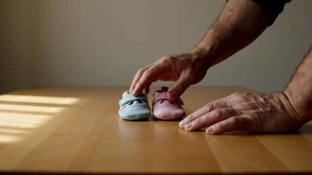 Wide minimal shot of wooden table with baby shoes placed center, father&rsquo;s hands entering frame hesitantly, soft natural side light
