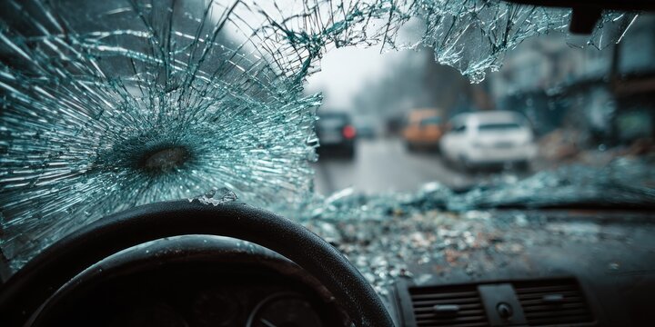 View from inside a car with a shattered windshield on a rainy day.