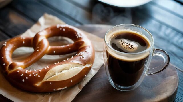 Delicious salted pretzel and coffee on wooden board