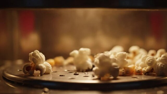 Close-up of golden kernels popping into fluffy popcorn inside a retro popcorn machine ready for a snack