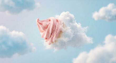 A soft, white heart shaped cloud floats gracefully in the blue summer sky, creating a fluffy and natural abstract texture within the light, airy atmosphere of a bright heaven