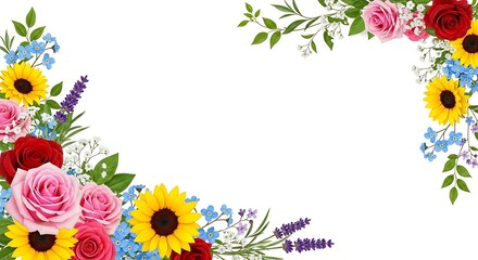 Floral corner decorations with sunflowers roses and lavender on white