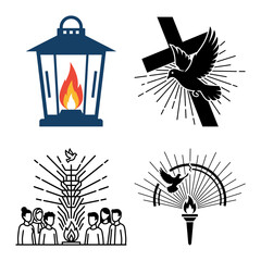 Fototapeta premium Holy spirit dove and wind symbols with flame and location marker icons