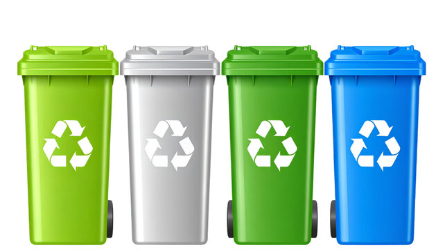 Four colorful recycling bins with recycling symbols on a transparent background