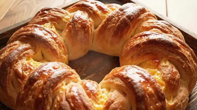 Ornamental Pascha Loaf. Gold Braided Pastry With Filling. Decorative Pascha Bread Featuring Rich Custard Filling. Golden Braided Pastry Centerpiece With Creamy Custard Layers And Glossy Crust.