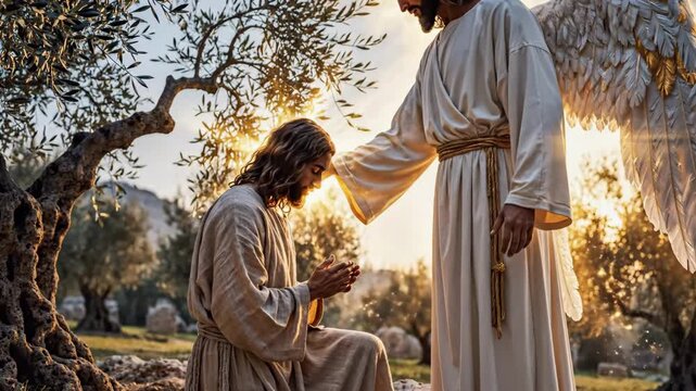 Kneeling Caucasian Man In Olive Grove Receiving Warm Touch From Angel At Sunrise, Golden Light Filtering Through Gnarled Olive Branches, Flowing Robes And Feathered Wings, Gentle Blessing Gesture.