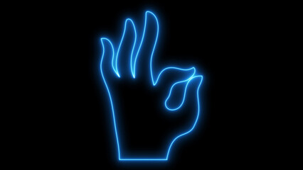Obraz premium Vibrant blue neon outline illustration of a human hand making the universally recognized 'OK' gesture, symbolizing approval, success, and agreement, isolated on black background.
