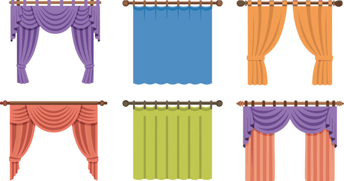 Set of colorful decorative window curtains and elegant drapery with valances and tiebacks in various styles for interior design isolated on white background