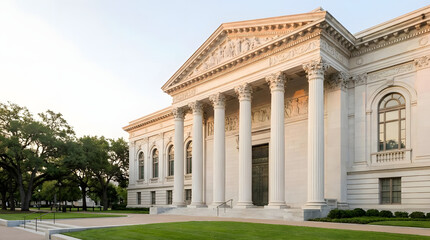 Fototapeta premium Grand white building with columns and arches viewed from the front, surrounded by green grass and trees, UPL concept reference
