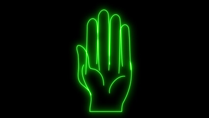 Obraz premium Colourful neon green hand gesture showing palm, symbolizing a stop or caution, vibrant light art, modern graphic element, futuristic design, bright signal, isolated on black background