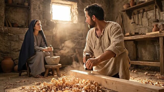 Holy Family in Nazareth with Jesus Carpentry and Mary Grinding Grain