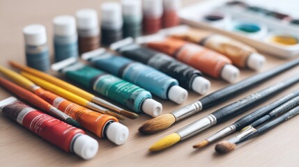 Fototapeta premium Colorful Art Supplies and Tools for Watercolor Painting with Brushes and Tubes of Paint on a Wooden Surface