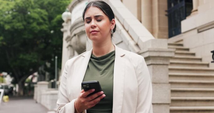 Waiting, phone and businesswoman on city street, digital lift request and transport app for travel. Patience, commute service or person with mobile to track arrival, traffic delay and search for ride