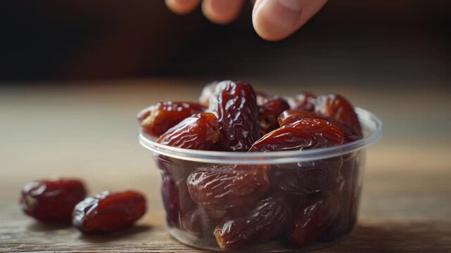 Hand Picking Dates from Container on Table.