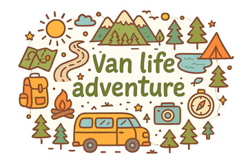 Obraz premium Van Life Doodles. Van life adventure. Hand-drawn doodle illustration of van life adventure. Camper van, map,