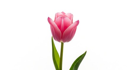 Pink tulip with green leaves on white background flower