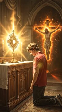 Vertical Video-Modern Teen Praying Before Glowing Monstrance and Jesus Vision