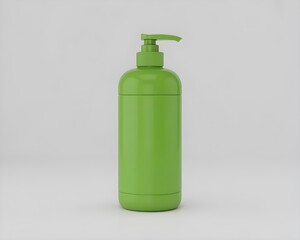 Green plastic bottle with pump dispenser on a plain background