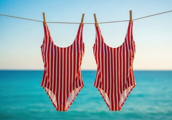 Striped Swimsuits Drying on a Rope