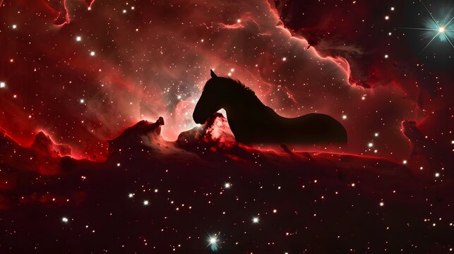 赤い星雲の中に浮かぶ馬頭星雲のシルエット