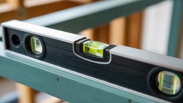 Close-up of a spirit level on a green metal beam in a construction site